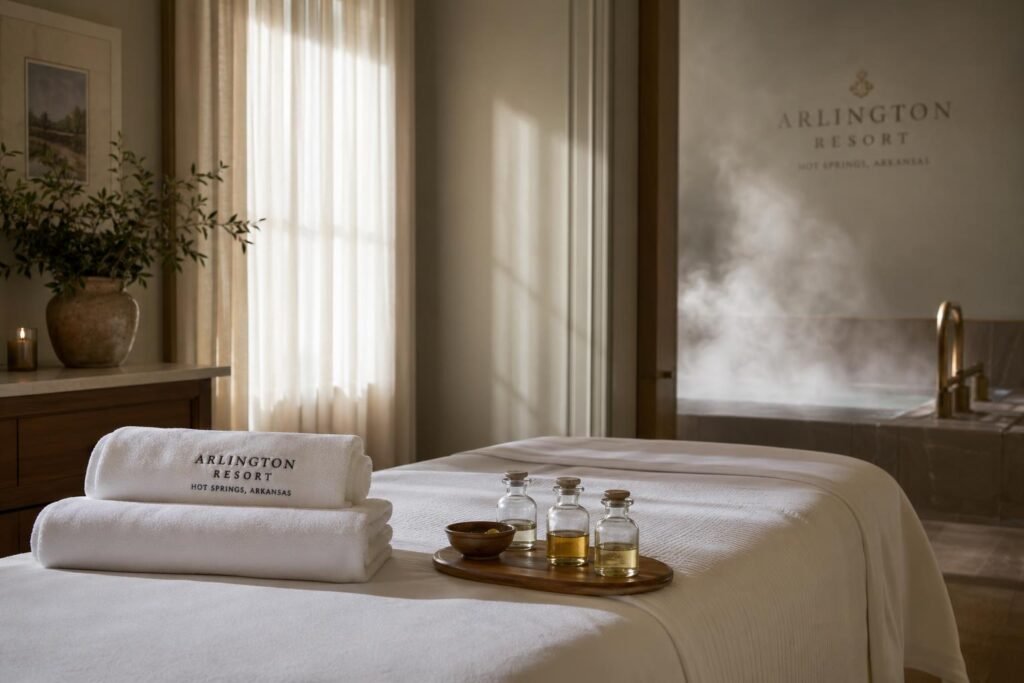 Massage table with folded white linens, small glass bottles of oil on a wooden tray, steam rising from an unseen mineral bath in the background