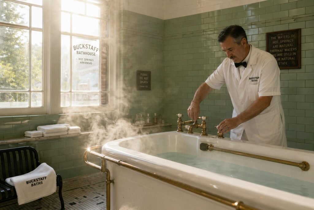 Attendant in white uniform adjusting brass fixtures on a white porcelain thermal tub, steam rising, green subway tile walls