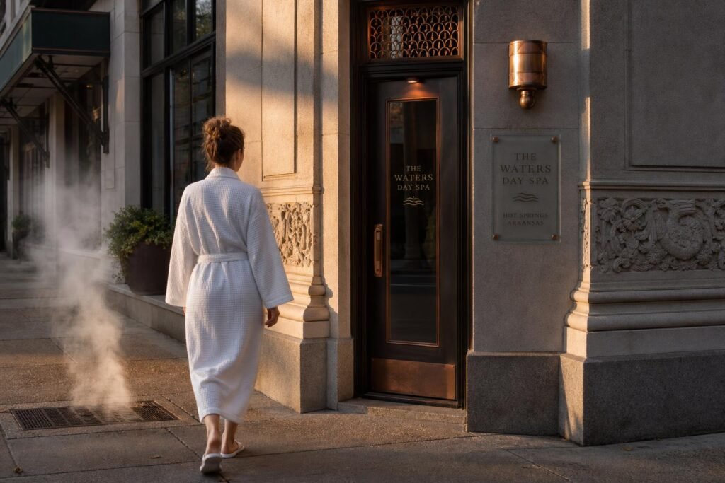 Narrow doorway with brushed copper fixtures, small etched glass sign, a woman in a white robe walking past toward the entrance, thermal steam visible from a sidewalk grate