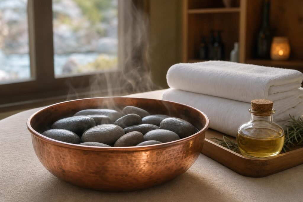 River rocks heated in copper bowl, steam rising slightly, folded white towels and small glass bottle of oil on wooden tray.
