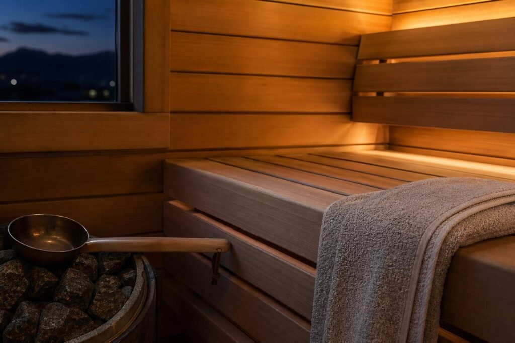 Cedar bench slats in close detail with a water ladle resting on rocks, small window showing darkening sky, single towel draped over bench edge