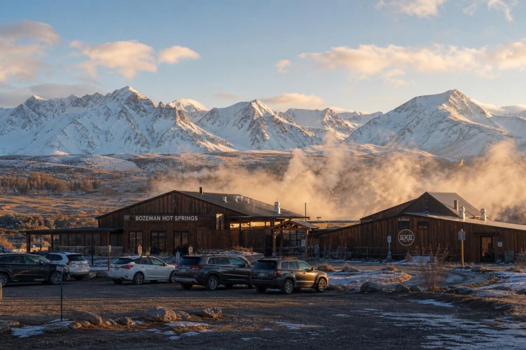 Wooden sauna buildings with steam rising into cold air, Gallatin Range mountains sharp in background, a few parked cars in foreground showing scale
