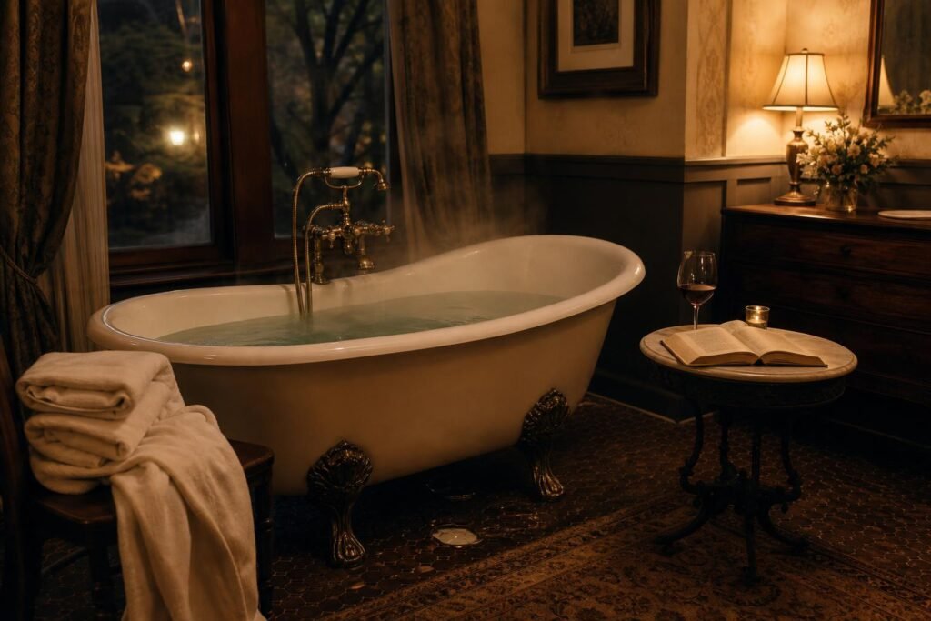 Vintage clawfoot tub filled with steaming mineral water, small table with wine glass and open book beside it, soft towels draped over wooden chair